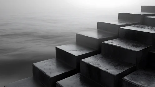 Misty shoreline steps rising quietly into soft gray fog.