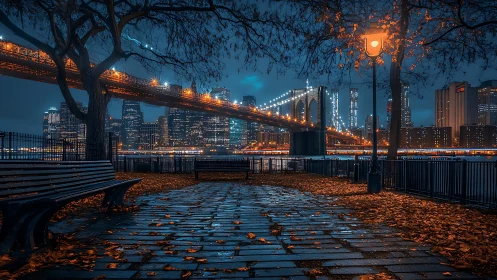 Brooklyn Bridge and city skyline viewed from riverside park.
