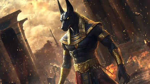 Mighty jackal-headed god strides through blazing ruins calmly