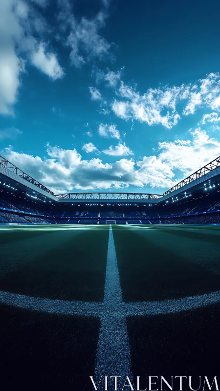Under stadium lights, a quiet pitch waits for kickoff.
