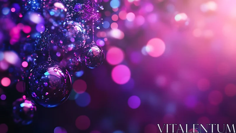 Specular glass spheres in shallow depth, neon bokeh gradient