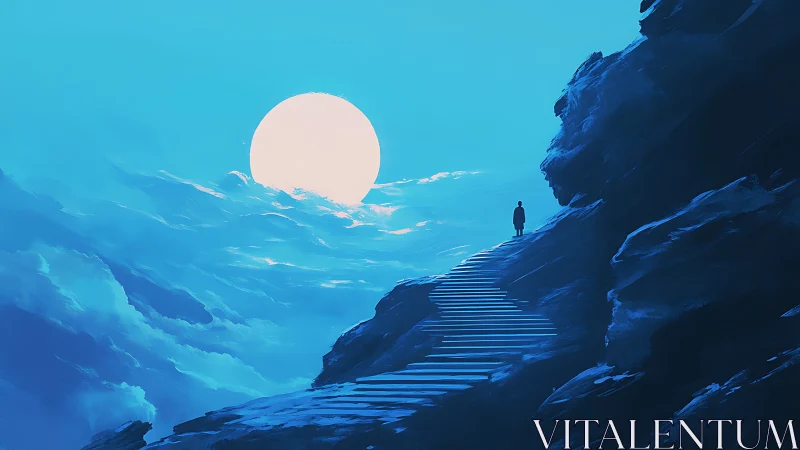 Solitary figure ascends luminous steps toward surreal horizon