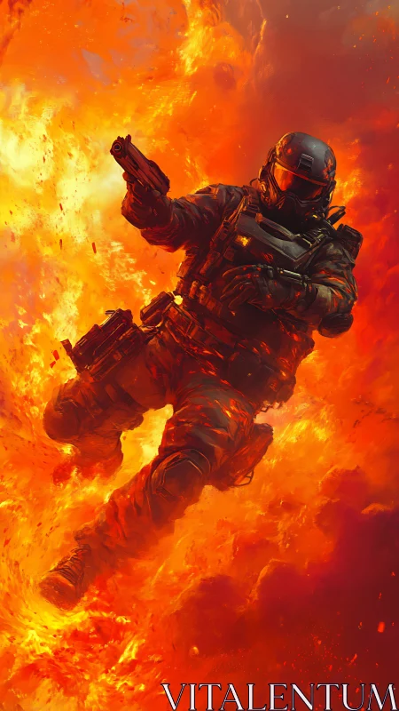 Armored Soldier Wielding Firearm Amid Intense Inferno Flames