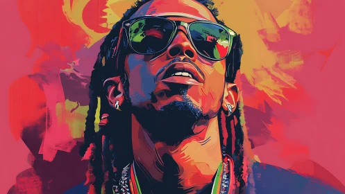 Chromatic vector portrait of reflective sunglasses and dreadlocks.