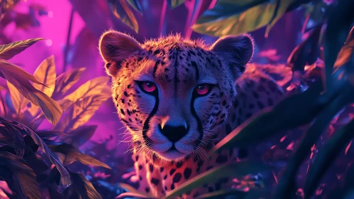 Digital rendering shows cheetah in dense foliage with neon light