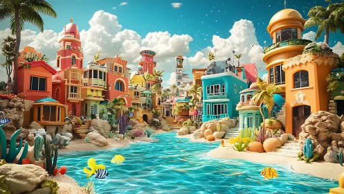 Tropical canal city with vibrant seaside villas under clouds.