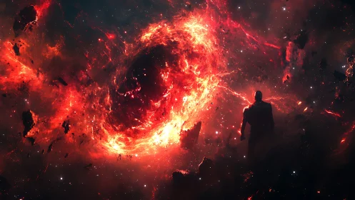 Solitary figure confronts a raging cosmic fire vortex in space