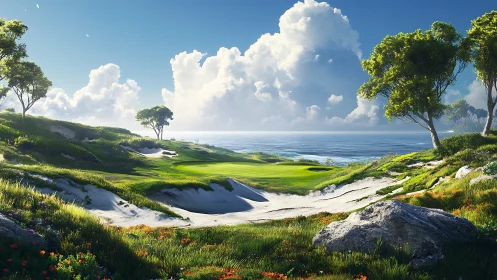 Coastal golf green amid dunes, trees and calm ocean horizon.