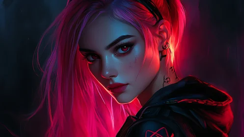 Neon-lit digital portrait of pink haired woman in profile.