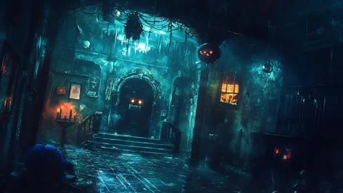 Haunted decayed hallway with glowing jack o lantern orbs