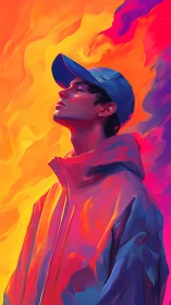 Neon dreamer drifts through molten sunset color storms.