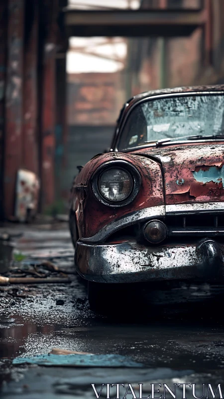 Photorealistic study of rusted classic car in urban decay.