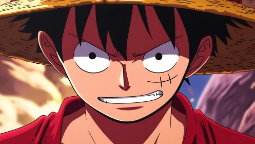 Determined anime pirate grins against a blazing sky