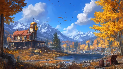 Rustic lakeside structure stands before distant alpine range