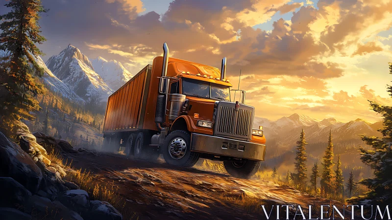 Articulated orange semi truck ascending alpine dirt grade.