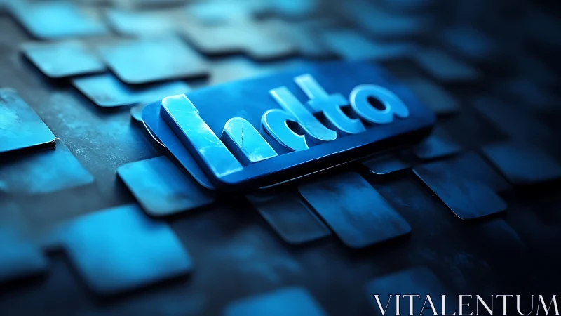 Metallic blue logo plaque with beveled lettering in glow.