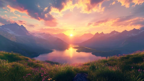 Sunset light illuminates mountainous lake valley landscape