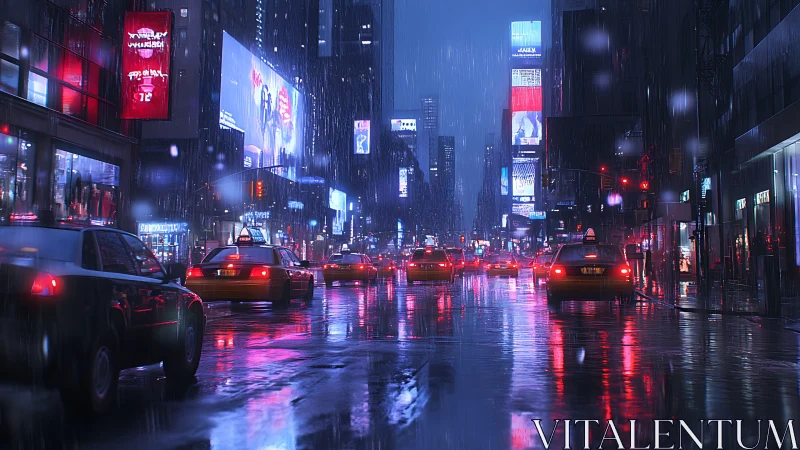 Rain-soaked city street shows taxis under neon billboards at night