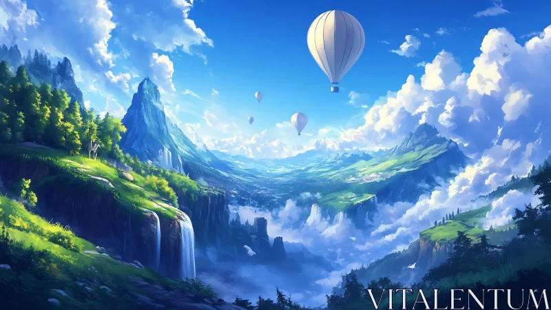 Hot air balloons drift above a tranquil fantasy valley