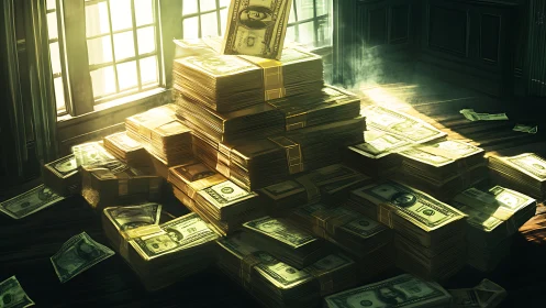 Stacked bundles of US dollar bills in sunlit interior room.