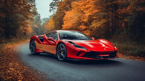 Red supercar on forest road with dramatic autumn foliage.