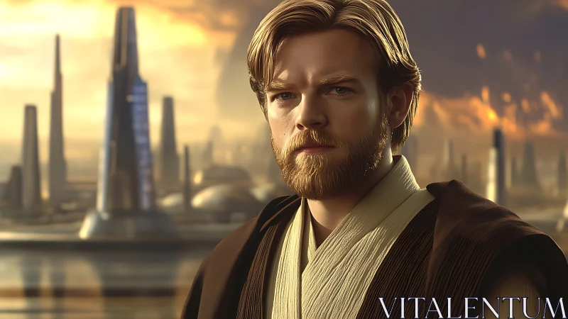 Cinematic Jedi portrait with shallow depth and soft rim lighting