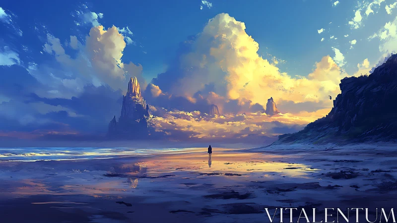 Solitary wanderer crossing luminous fantasy shoreline.