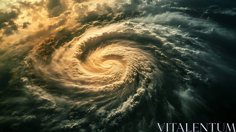 Golden cyclone eye swirling within turbulent storm clouds.
