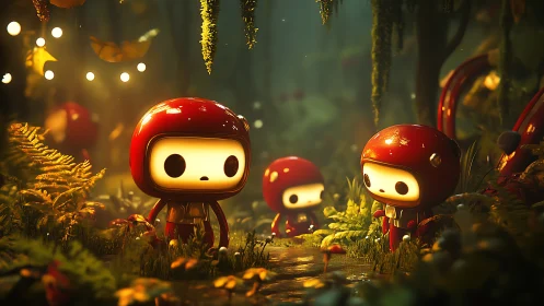 Bioluminescent red-helmet robots exploring stylized forest path