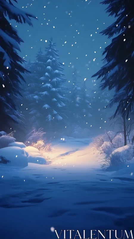 Snowy forest path with warm winter lantern glow at dusk.