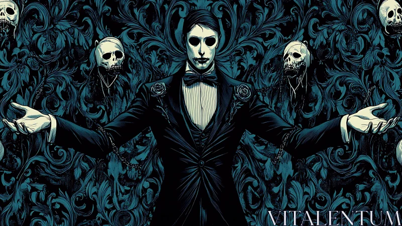 Darkly elegant host commands a skull‑lined baroque void.