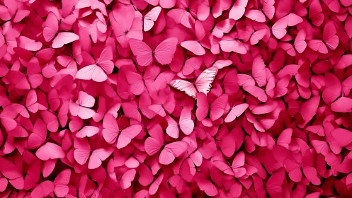 Monochrome pink butterfly swarm with single tonal outlier.