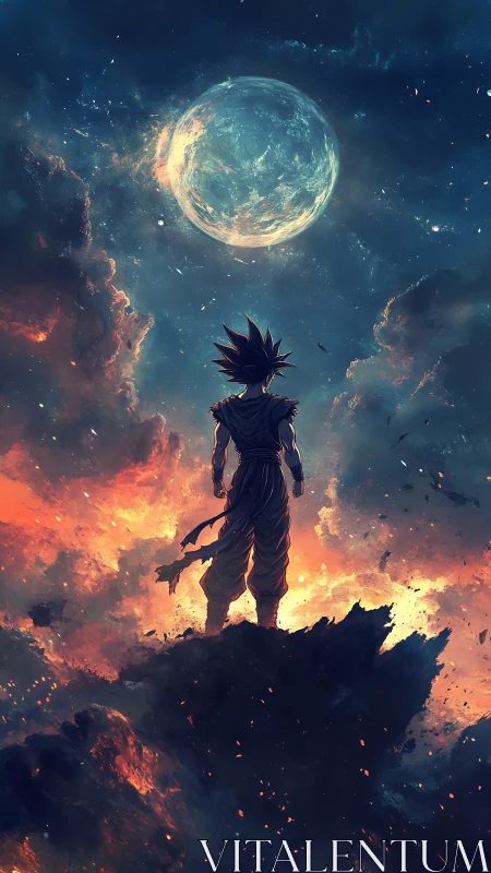 Warrior silhouette studies burning sky beneath luminous moon