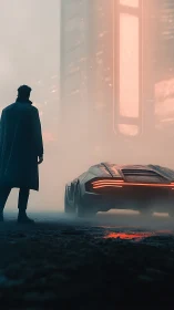 Lone figure confronts neon-lit supercar in misty future street