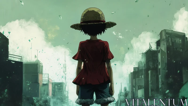 Straw hat figure facing ruined city skyline in mist.