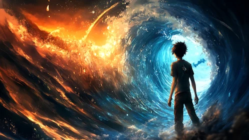Boy confronting bifurcated fire and water vortex with backlight