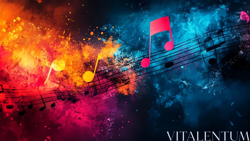 Color-splashed music notes dancing through glowing skies.