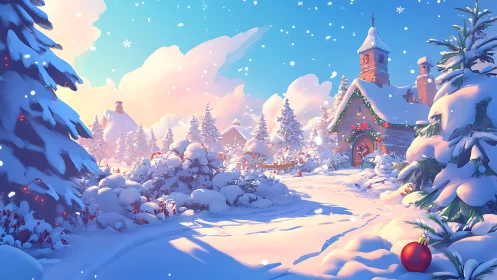 Snowy village chapel under bright winter sunrise glow.