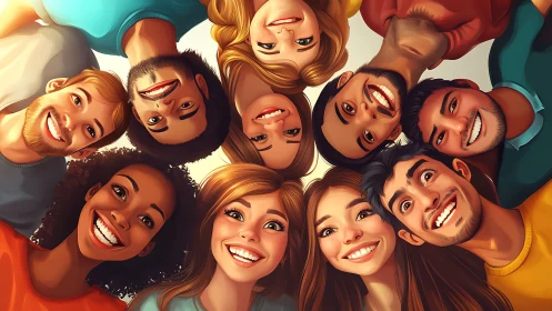 Radial portrait array of smiling faces under wide lens distortion.