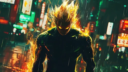 Flaming urban warrior walking through neon rainstorm streets.