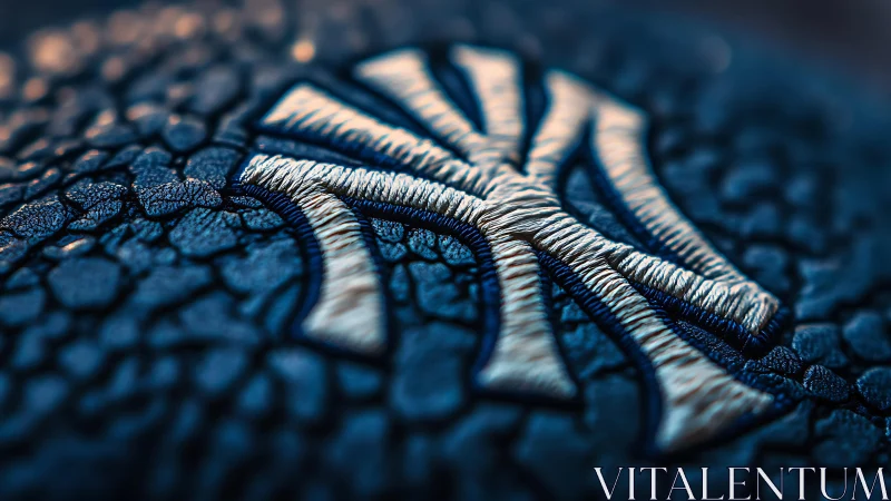 Metallic NY monogram embossed on cracked blue leather surface.