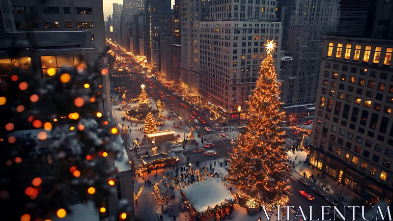 Glowing city Christmas tree brings warmth to a snowy evening street