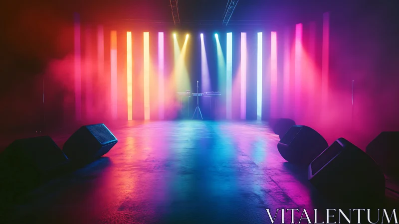 Empty concert stage glows under vertical neon light columns