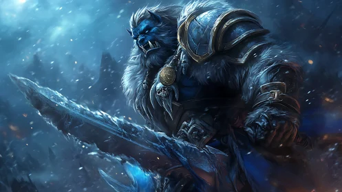 Ice warlord brandishes colossal frosted greatsword in storm