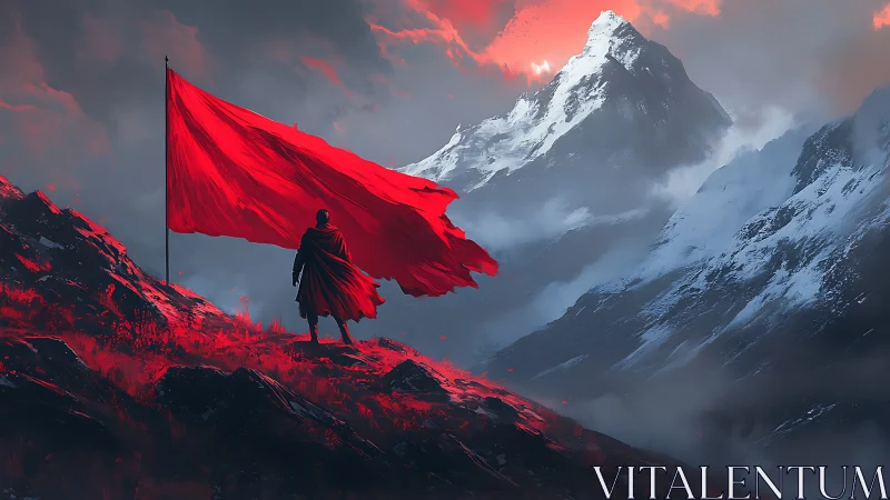 Lone figure with red banner overlooking dramatic snowy peak.