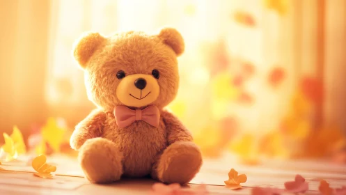 Soft teddy bear in dreamy golden autumn light.