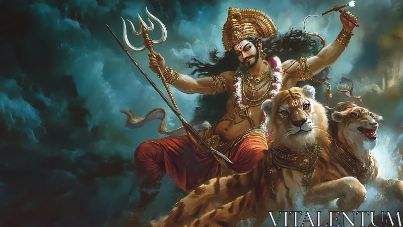 Warrior deity rides twin tigers through stormlit clouds.