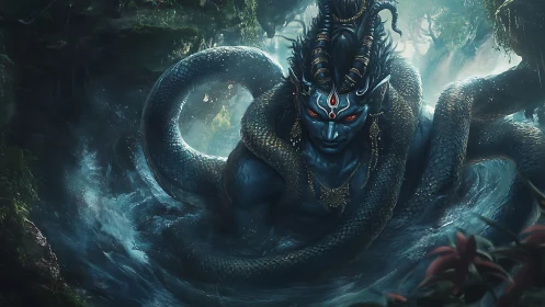 Serpentine humanoid entity emerging within dense forest water.