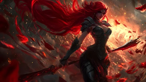 Flame-haired warrior commands swirling embers in battle storm.