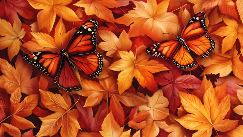 Monarch duet drifting over a quilt of autumn embers.